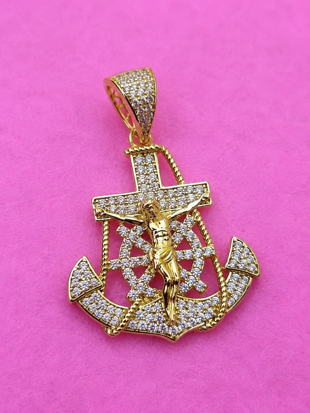 Laminated 14k Gold  Anchor & Crucifix Pendant with Clear Stones